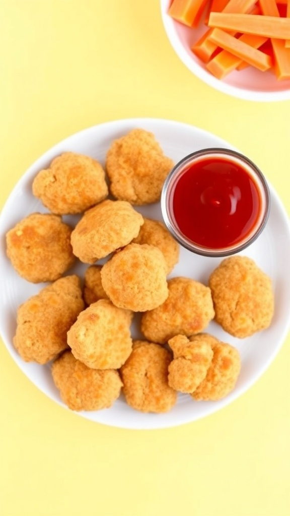 Quick Air Fryer Chicken Nuggets for Toddlers Crispy air fryer chicken nuggets on a plate with ketchup and carrot sticks.